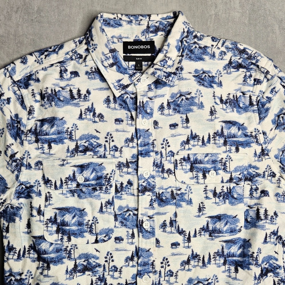 Bonobos Flannel Shirt Mens White Large Slim Fit All Over Print Button-Up Pockets